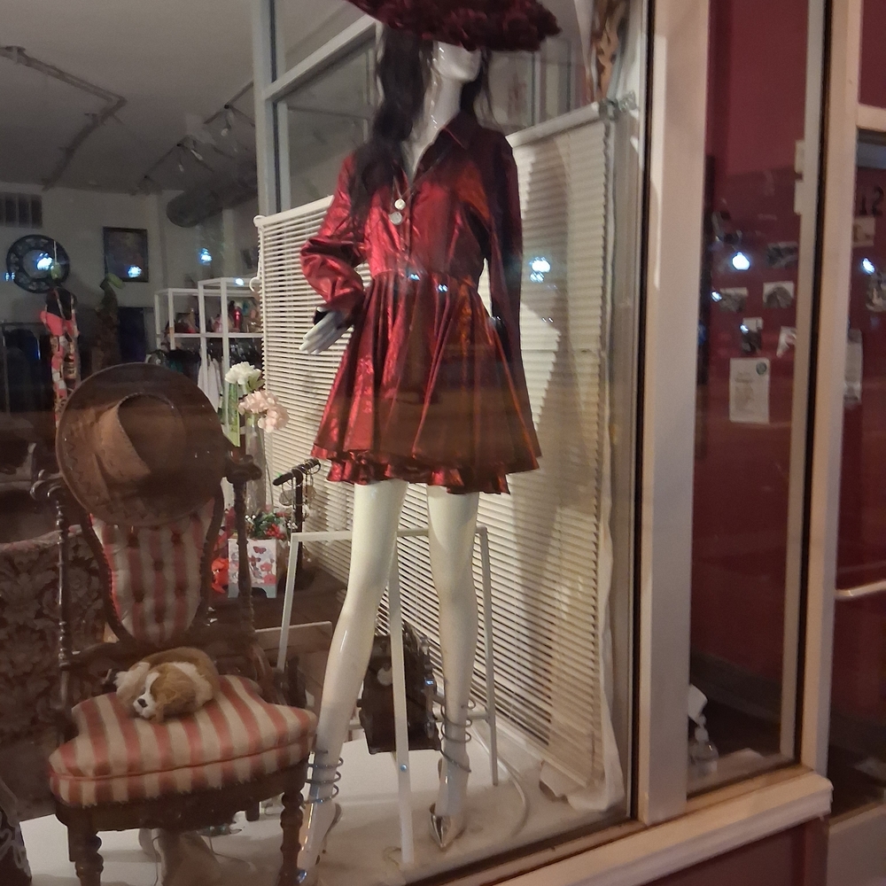 Red Metallic Long-Sleeve Fit-and-Flare Mini Dress